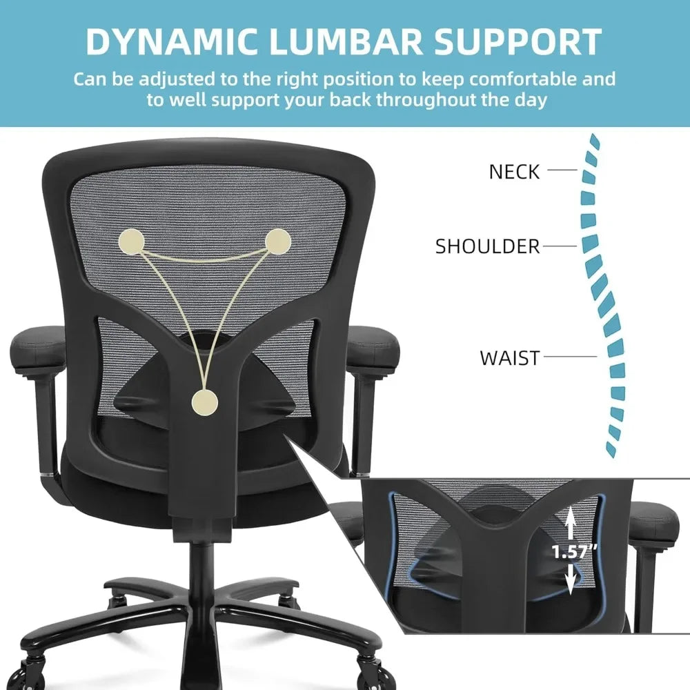 Big Tall Office Chair, Wide Thick Seat Cushion, Adjustable Lumbar Support, Metal Base, Rubber Wheels, 4D Armrests, Office Chair