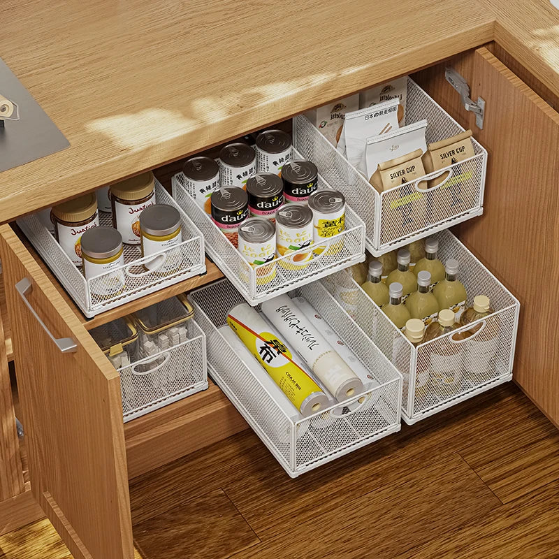 Kitchen Storage Drawer Cabinet Under Sink Pull Out Basket with Rail Space-saving Bottle Can Jar Organizer Household Supplies