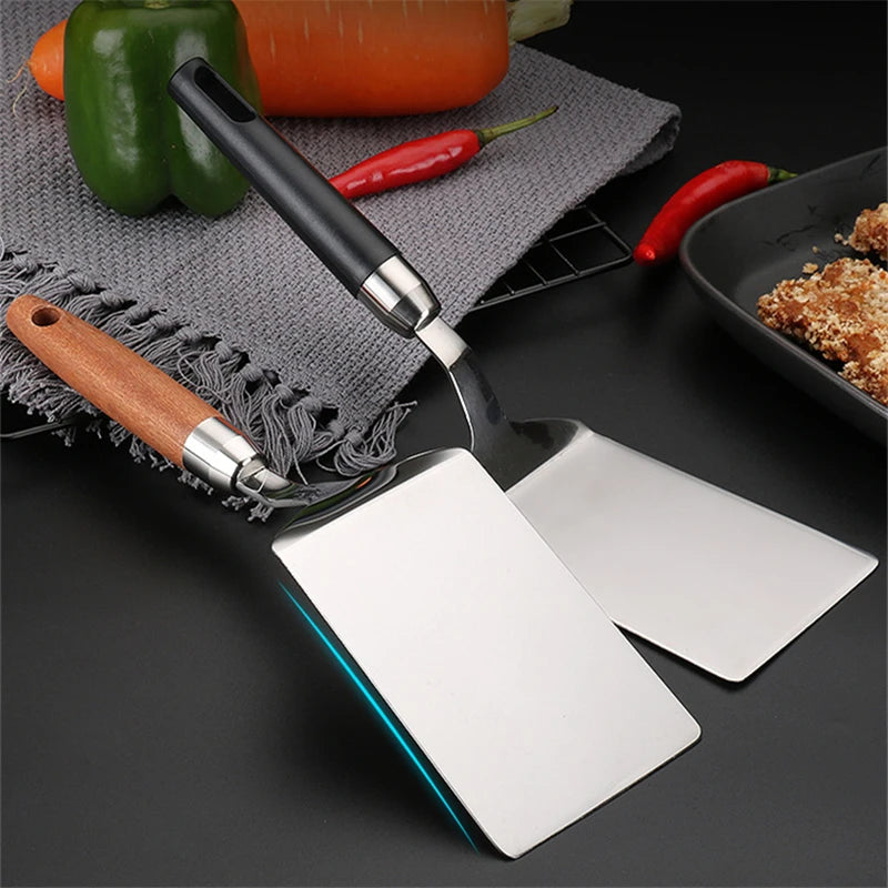 Stainless Steel Square Head Steak Cooking Spatula Wood Handle  Pizza Shovel Pancake Beef Turner Scraper BBQ Utensils For Kitchen