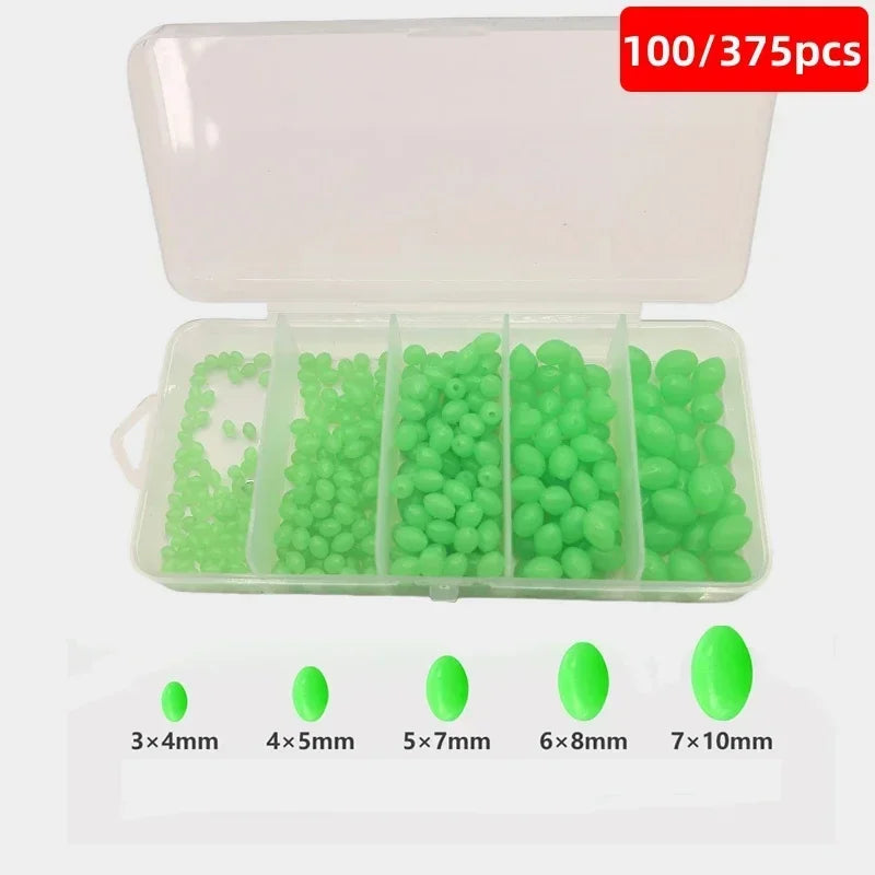 Luminous beads 100/375pcs olive green oval soft plastic fish beads anti-collision bean fishing gear accessories