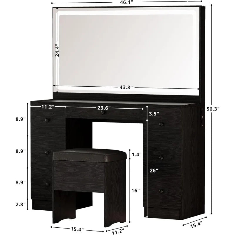 Vanity Desk Set with LED Lighted Mirror & Power Outlet, 7 Drawers Makeup Vanities Dressing Table with Stool, for Bedroom