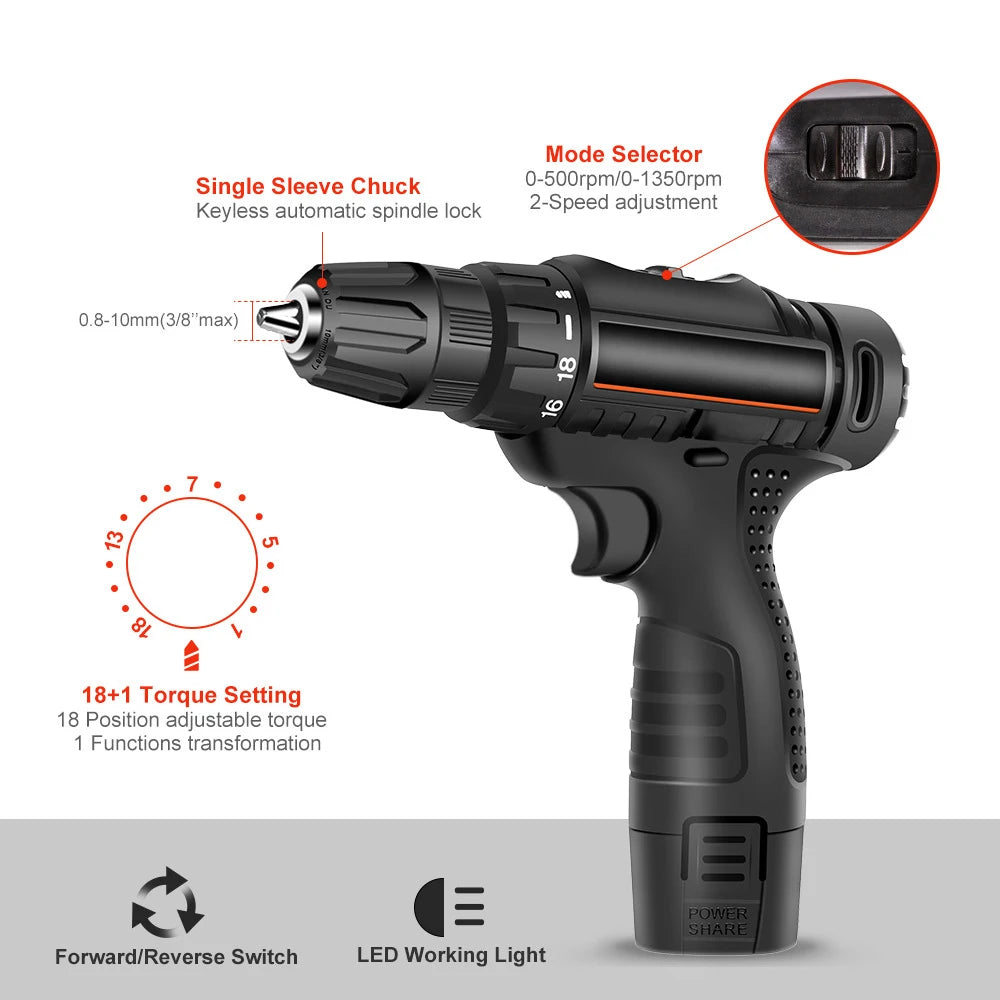 12V 16.8V Electric Cordless Screwdriver Rechargable Driver Drill Wireless Impact Drill Hand Drill Home Improvement Power Tool