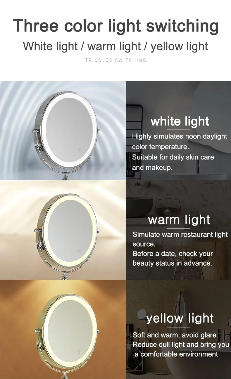 Wall Folding Makeup HD Mirror Double Side Fill Light Magnifying USB Charging Led Tricolor Dimming Bathroom Cosmetic Mirrors