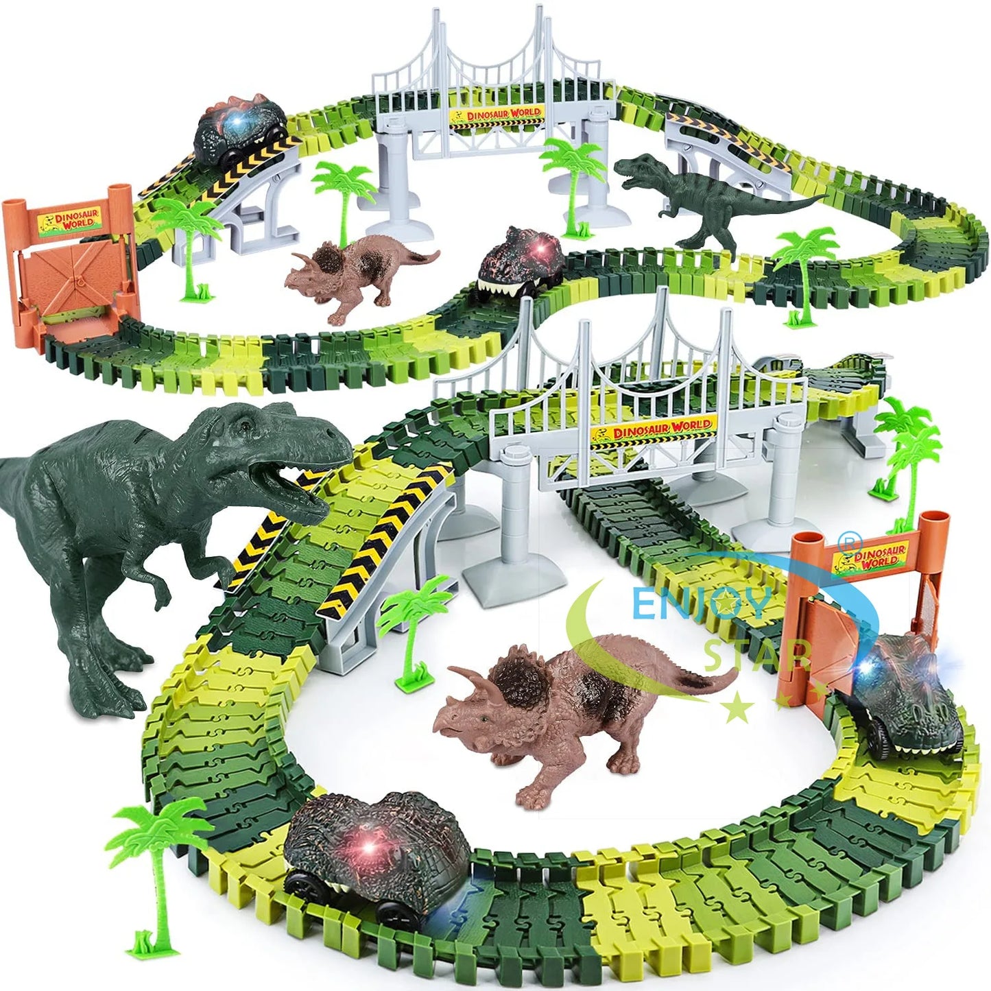 156pcs Dinosaur Railway Car Track Toy Set DIY Assemble Road Race Set with Flexible Track Dinosaur Toys Bridge Ramps Toys for Kid