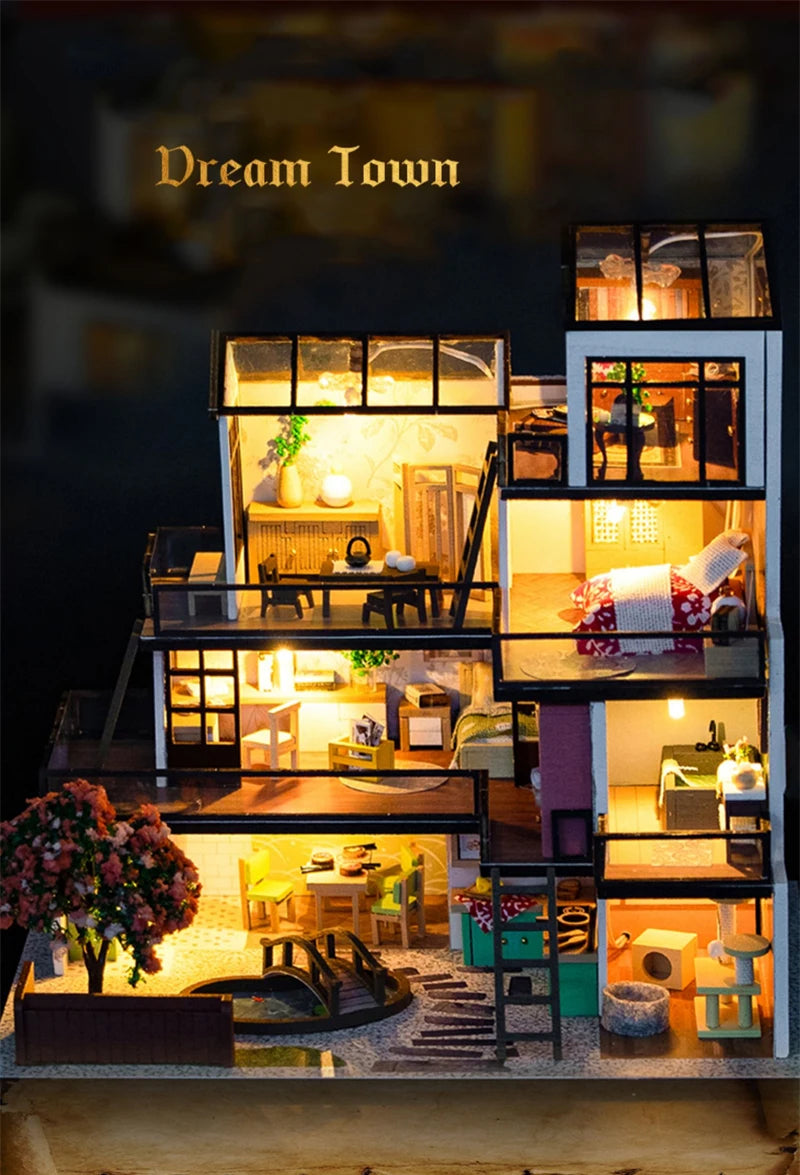 DIY Wooden Doll Houses Dream Town Casa Miniature Building Kit Villa Dollhouse with Furniture Led Lights for Girls Birthday Gifts