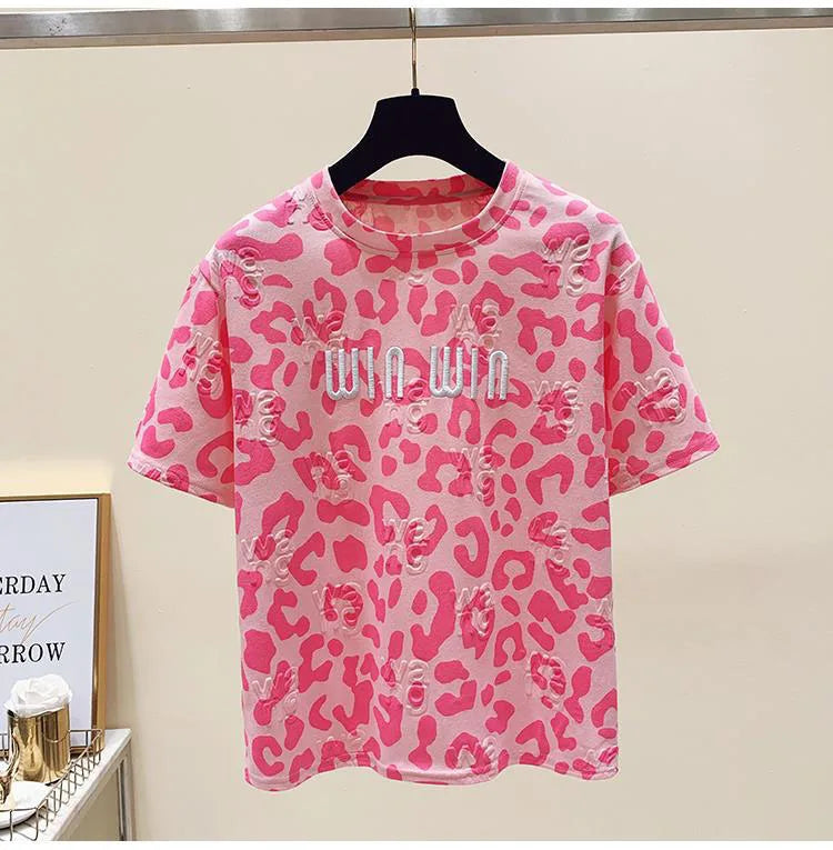 2024 new summer leopard print short sleeved t-shirt for women loose round neck fashionable and chic top trend