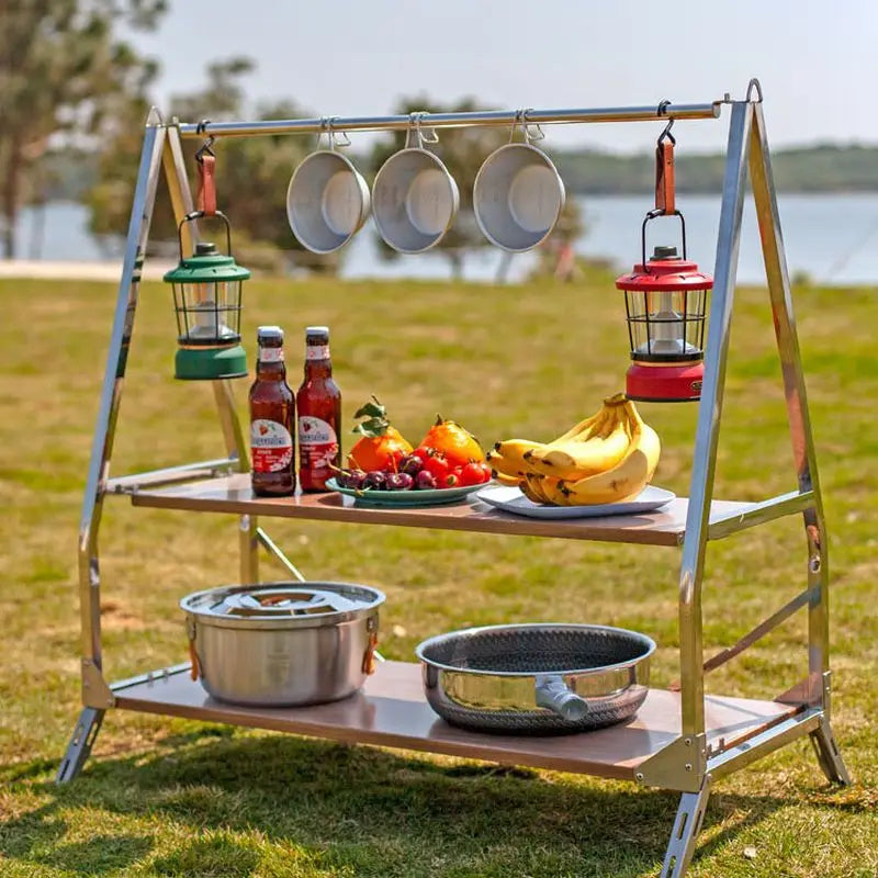 Outdoor Camping Storage Shelf Portable Folding Shelf Storage Rack Garden Stainless Steel Stand Camping Accessories