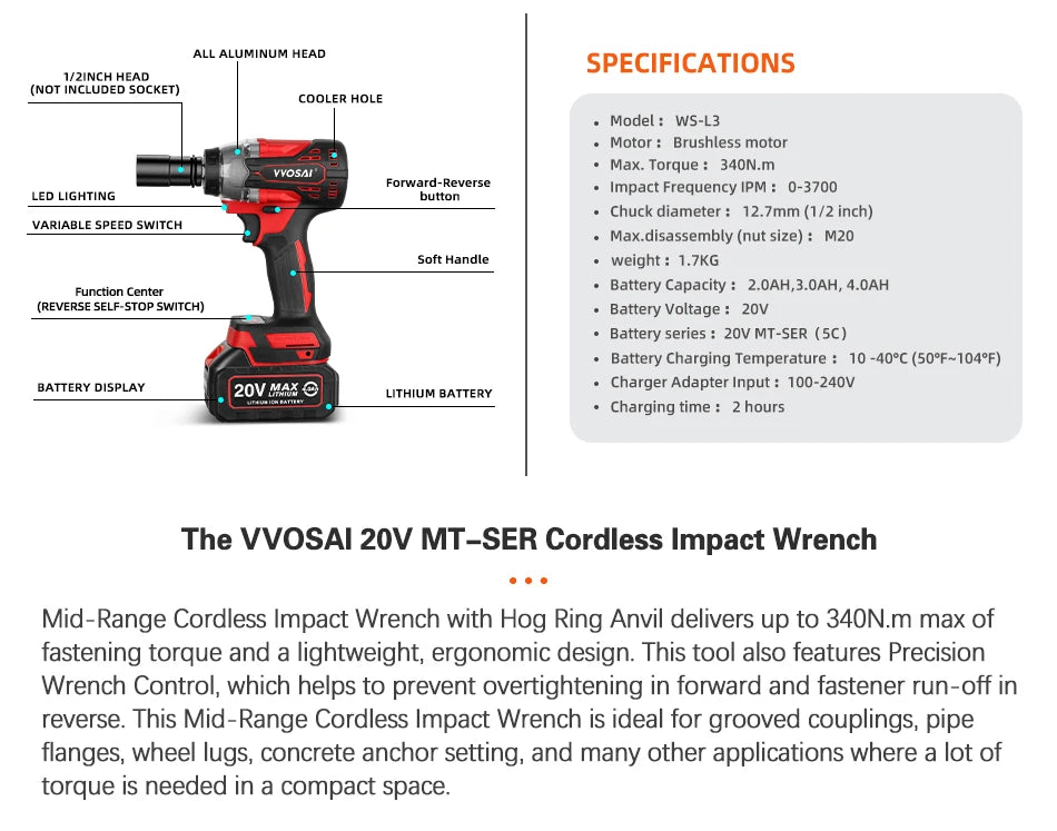 VVOSAI MT-Series 340N.m Electric Impact Wrench 20V Brushless Wrench Socket Li-ion Battery Hand Drill Installation Power Tools