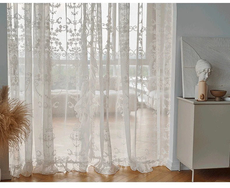 White Linen Sheer Embroidered Tulle Curtain for Girl Princess Bedroom French Romantic Ruffled Lace Voile Window Decoration Drape