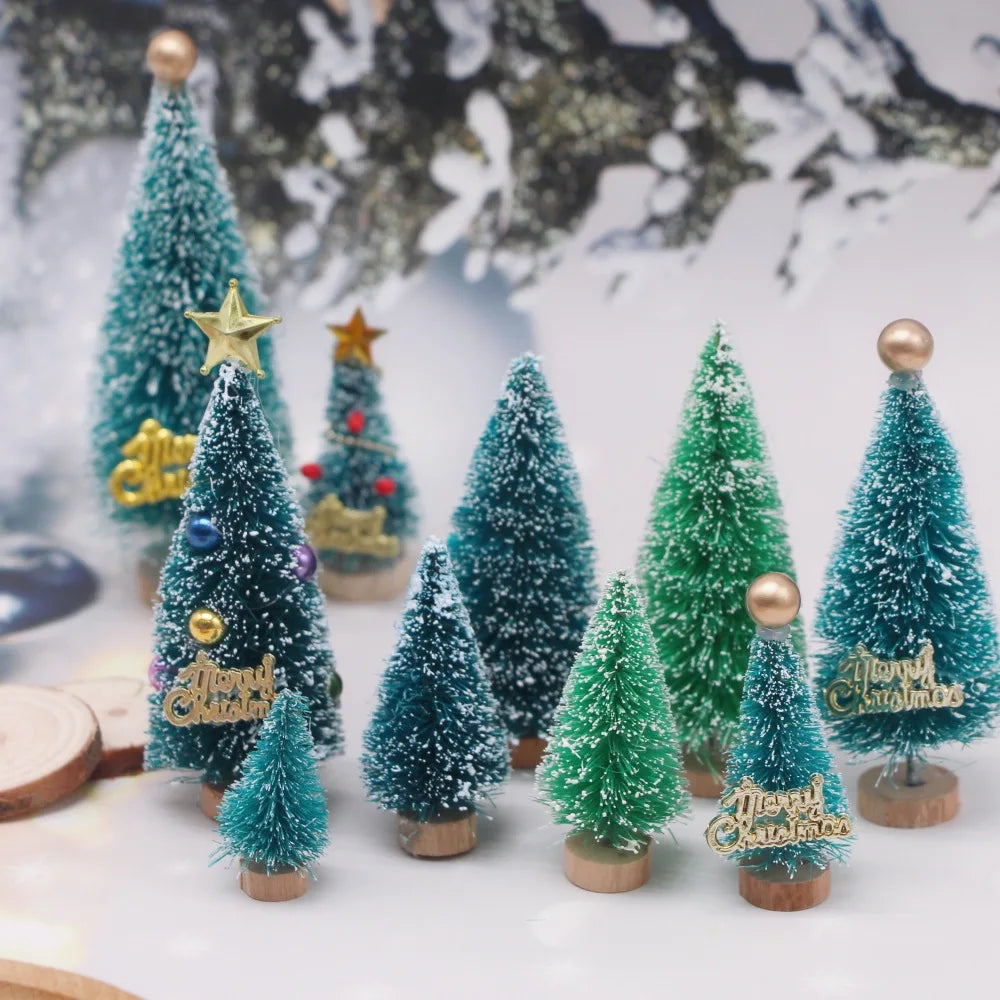 5Pcs 4.5cm to 13.5cm Mini Artificial Christmas Tree Sisal Silk Cedar Sisal Snow Trees Wooden Base Party Home Table Top Craft Dec