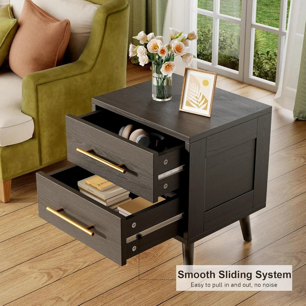 Bedside Table With Metal Handles Bedroom Furniture Black Modern Wood Night Stand 2 Drawer Dresser for Bedroom Home