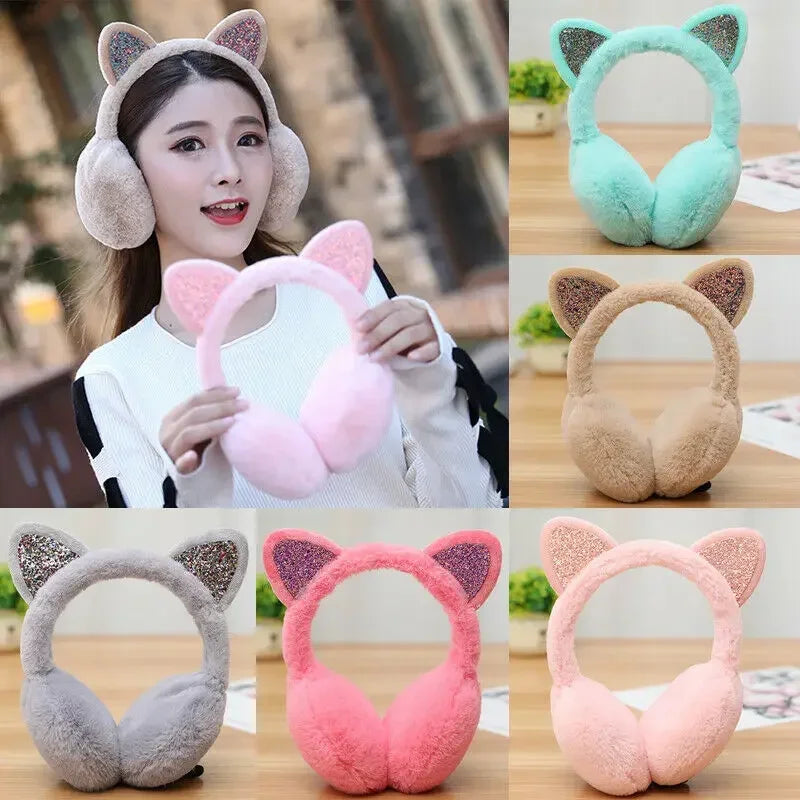 New Lovely Winter Warm Cat Ear Warmers Glitter Ears Plush Earmuffs for Women Playful Girls Ear Muffs Cold Protection Warm Hot