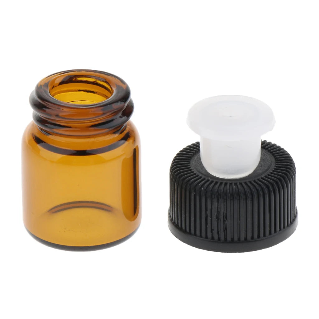 100Pcs 1ml 2ml 3ml Amber of Glass Essential Oil Bottle, Mini Essential Oil Bottles with Orifice Reducer & Black Plastic Cap