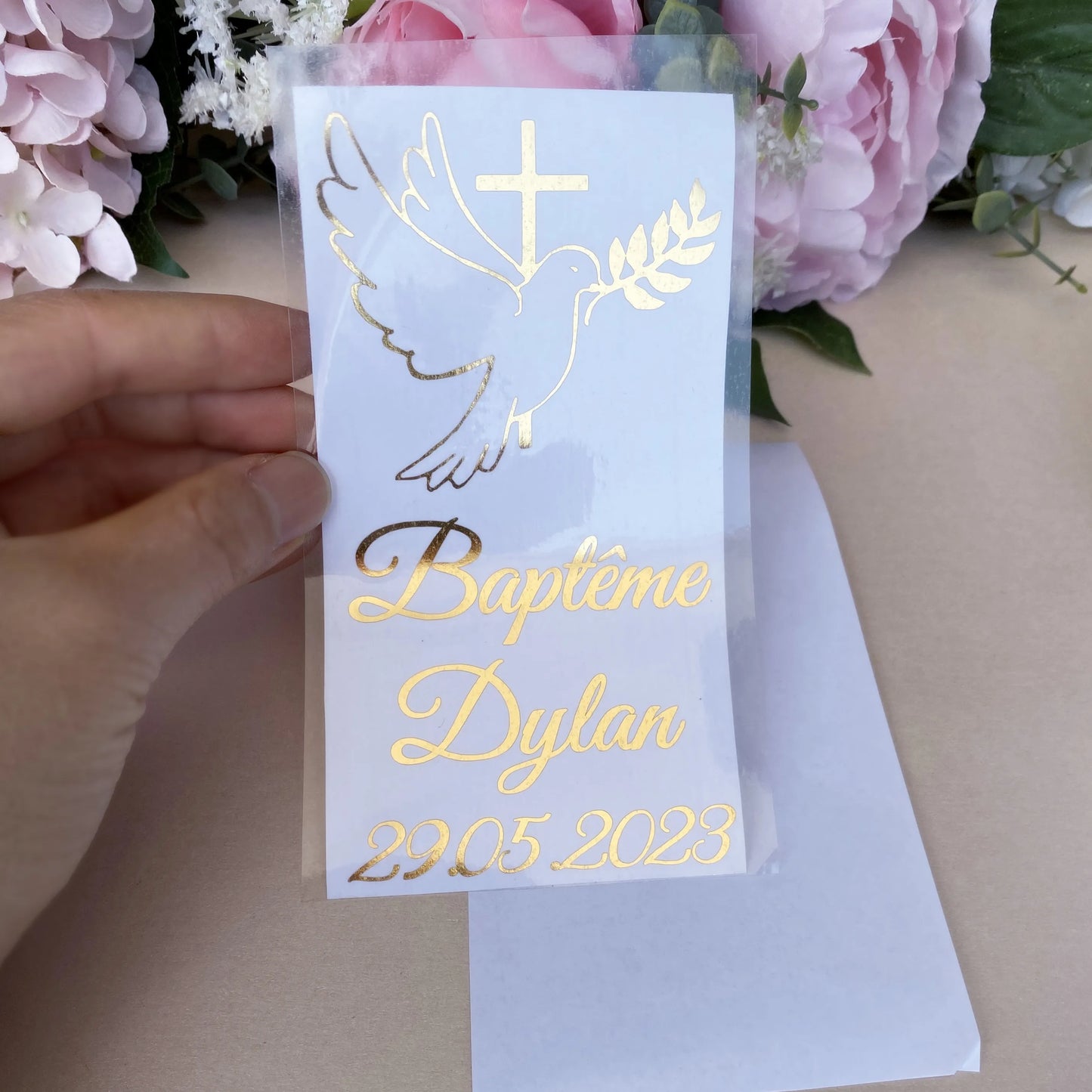 Personalized Gold Cross Dove Baby Baptism Stickers for Pillar Candle Wedding Naming Day Candles Decorations Vinyl decals