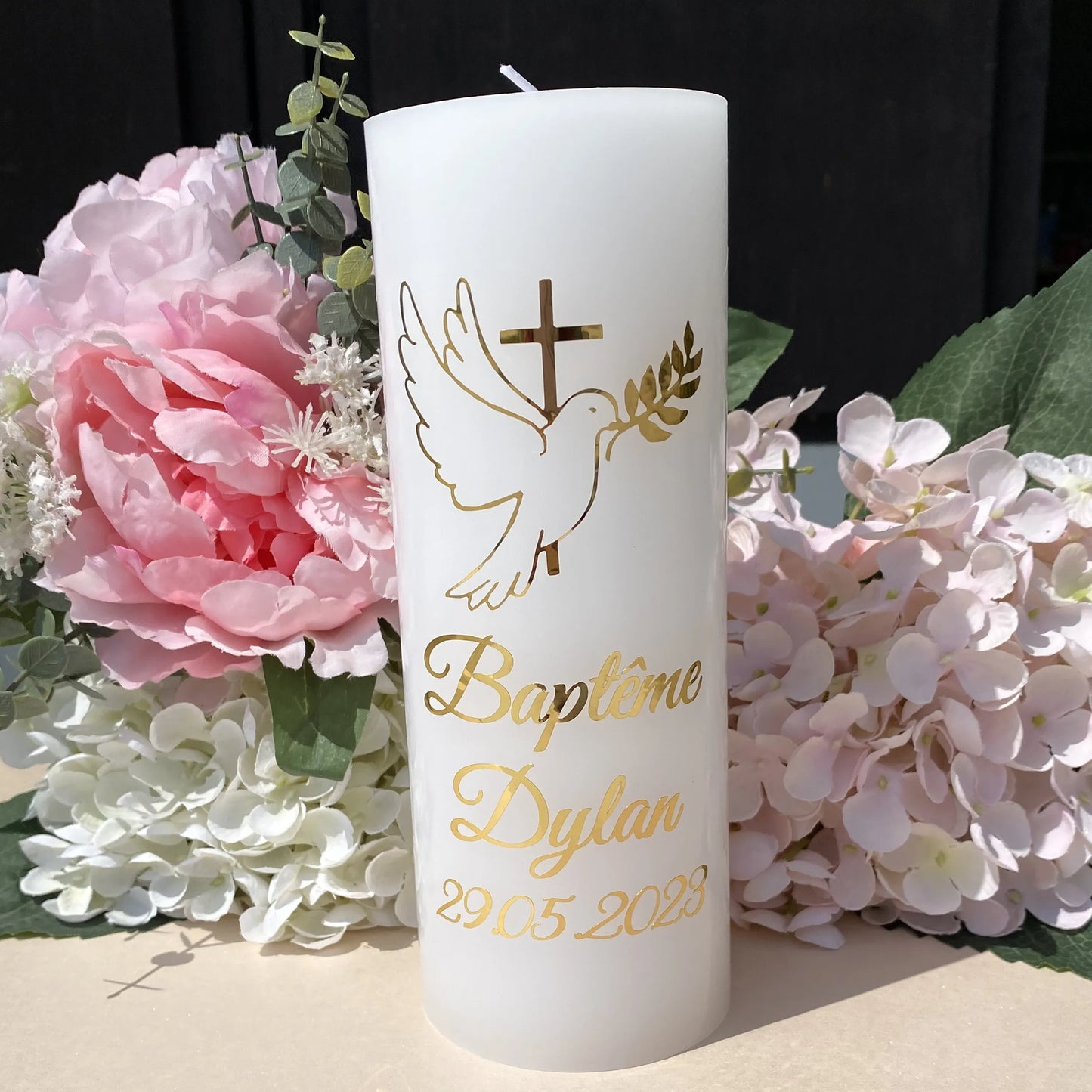 Personalized Gold Cross Dove Baby Baptism Stickers for Pillar Candle Wedding Naming Day Candles Decorations Vinyl decals