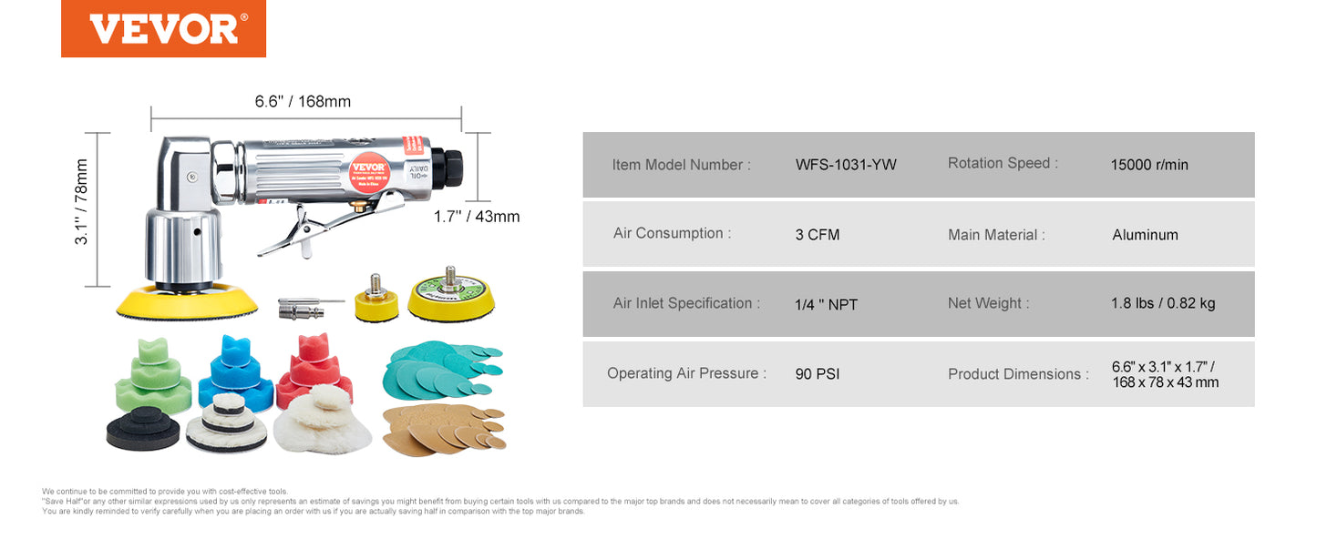 VEVOR Mini Air Sander Orbital Pneumatic 1"/2"/3" Grinding Machine Set for Car Polishing High Speed Air Powered Polisher Air Tool