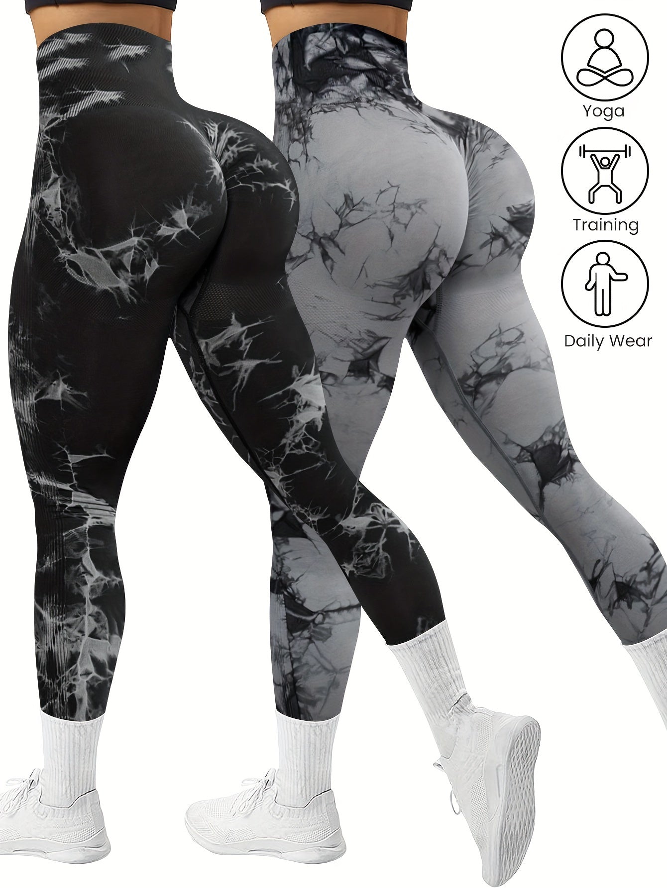 Women's 2-Pack Seamless Tie-Dye High Stretch Sports Yoga Leggings, Athletic Workout Pants, Comfort Fit Activewear for Gym & Home Exercise