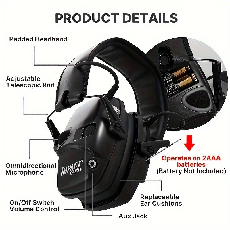 1pc 2024 Tactical Electronic Earmuffs, Outdoor Sports Noise Protection Headphones, Impact Sound Amplification Hearing Guard, Battery Powered (Battery Not Included), Plastic Material, Wired Connection