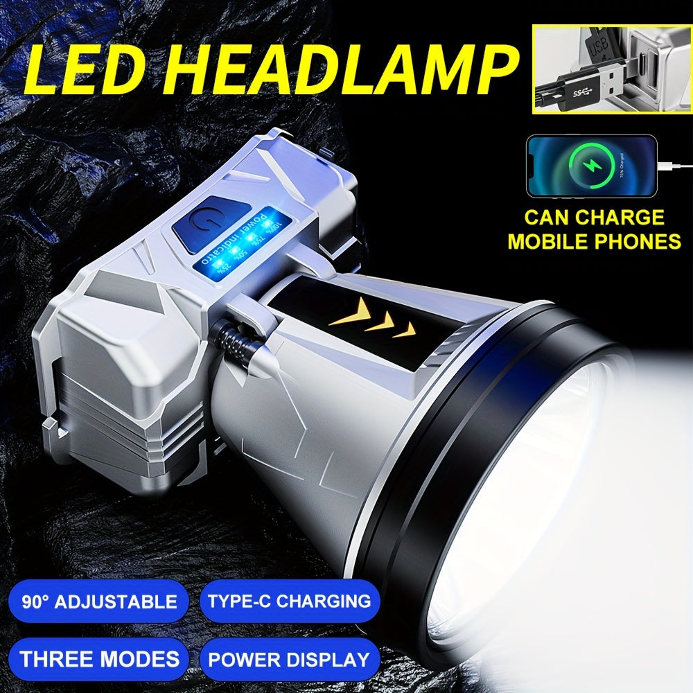 Rechargeable LED Headlamp, High Power, Super Bright, Motion Sensor, Waterproof, Outdoor Hunting Light, Flashlight, Portable Head Lamp for Fishing, Camping, Hiking, ABS Material, Polished Metal Finish, USB Charging, LED Light