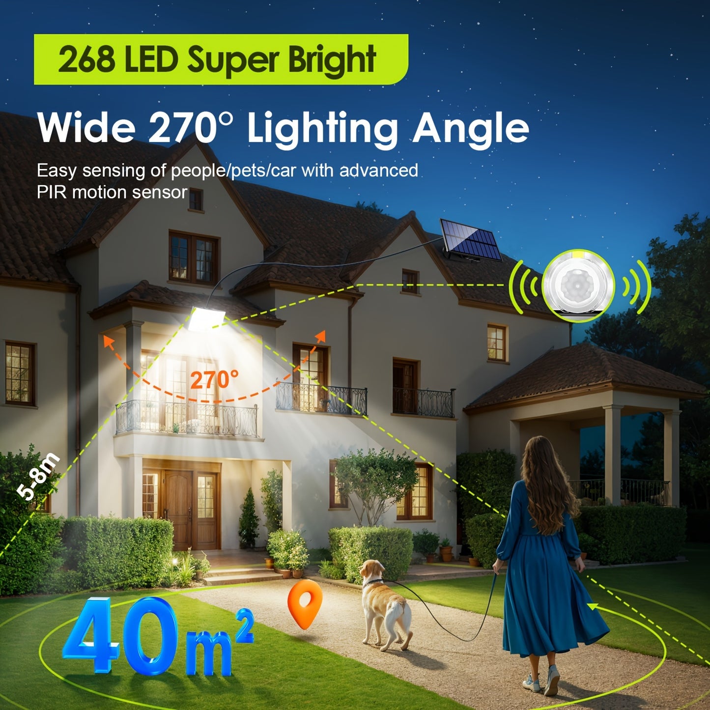 268LED, 5 Modes, 7M Cable Solar Security Lights Outdoor Motion Sensor, 2000LM Solar Lights Outdoor Garden, 2200mAh Remote Garden Solar Lights, Garden Lights Solar Powered For Garden, Garage, Backyard